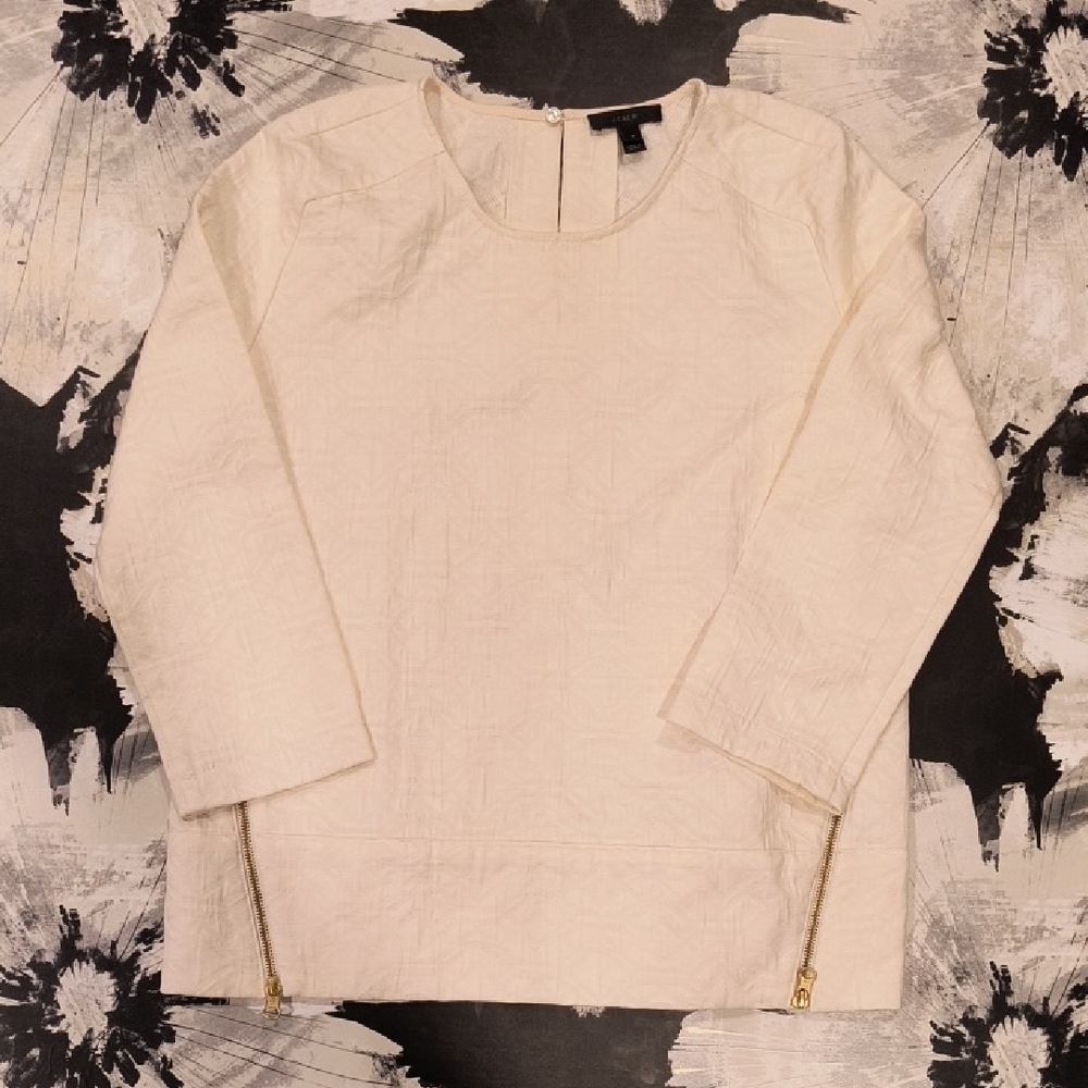 J. Crew Ivory Textured Jacquard Top Gold Zipper Detail Old Money Quiet Luxury